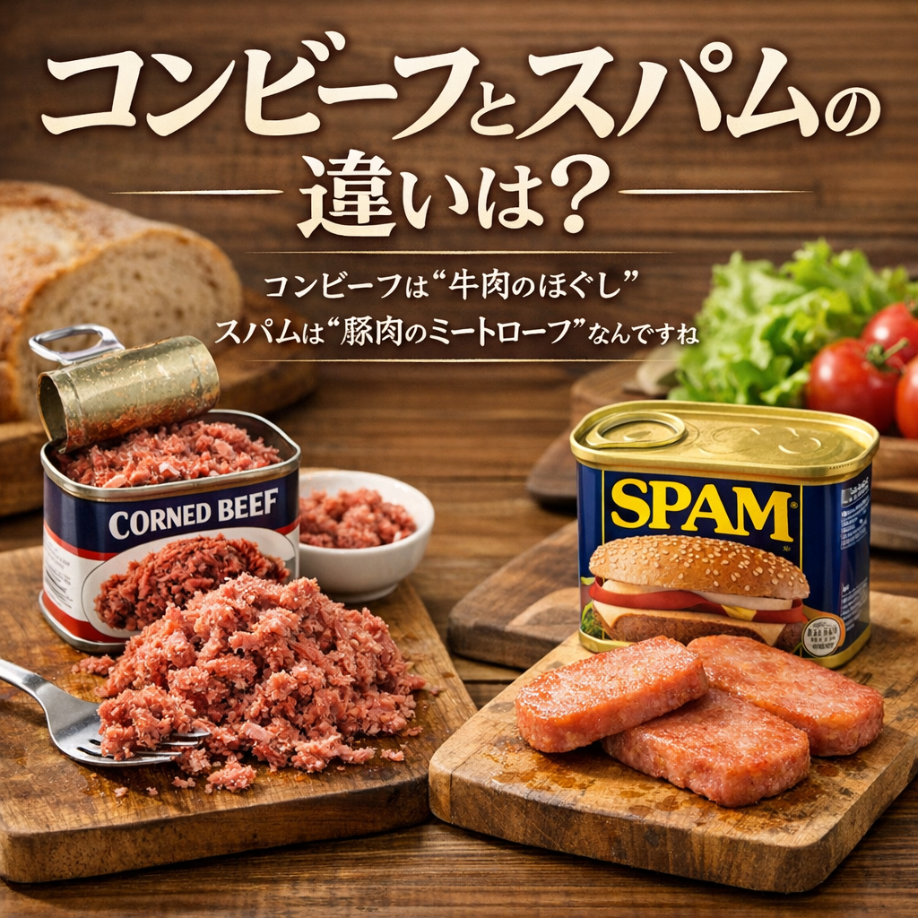 コンビーフは“牛肉のほぐし”、スパムは“豚肉のミートローフ”なんですね