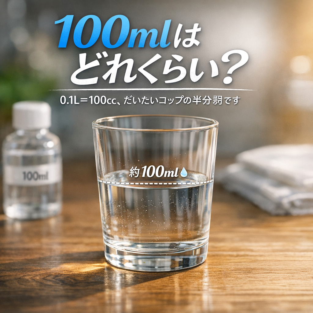 100mlは「0.1L＝100cc」、だいたいコップの半分弱です