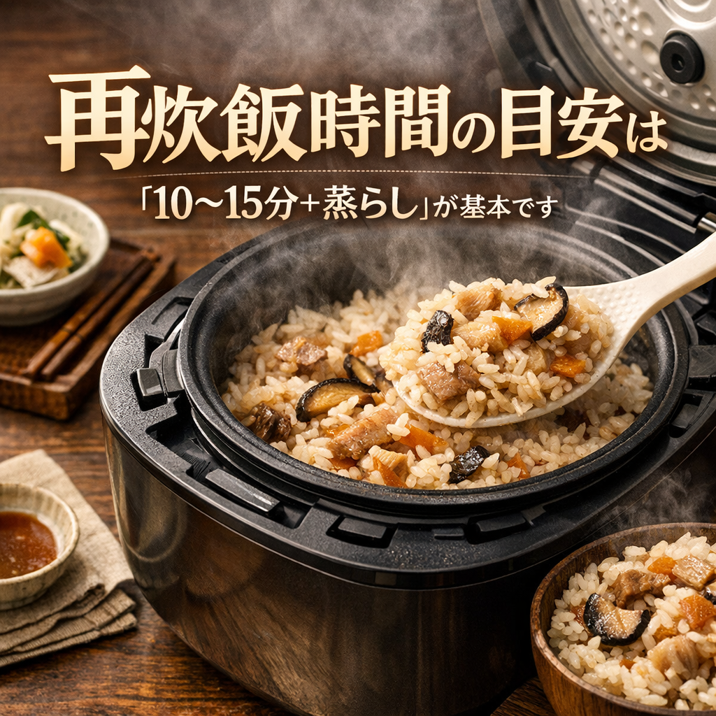 再炊飯時間の目安は「10〜15分＋蒸らし」が基本です