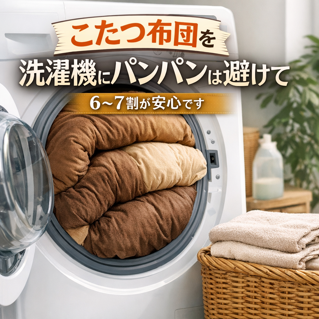 こたつ布団を洗濯機にパンパンは避けて、6〜7割が安心です