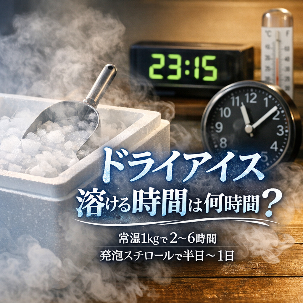 ドライアイス 溶ける時間の目安は「常温1kgで2〜6時間」「発泡スチロールで半日〜1日」とされていま