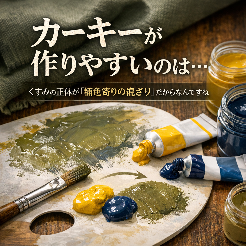 カーキーが作りやすいのは、くすみの正体が「補色寄りの混ざり」だからなんですね
